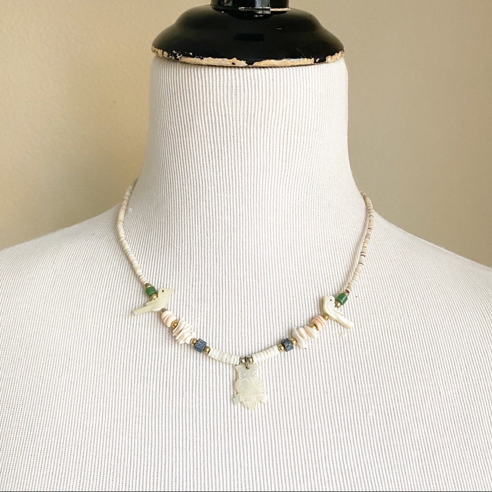 Vintage Boho Shell Necklace Beads Birds Owl Summer